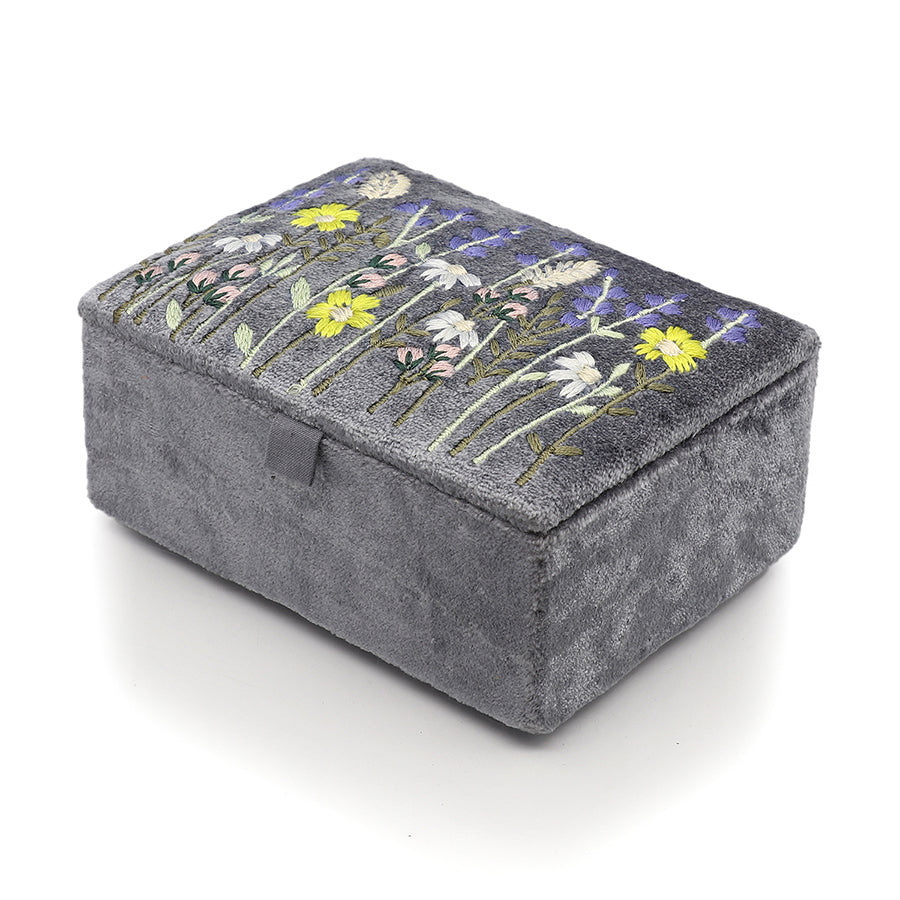 VELVET JEWELLERY BOX WITH EMBROIDERED LAVENDER MEADOW
