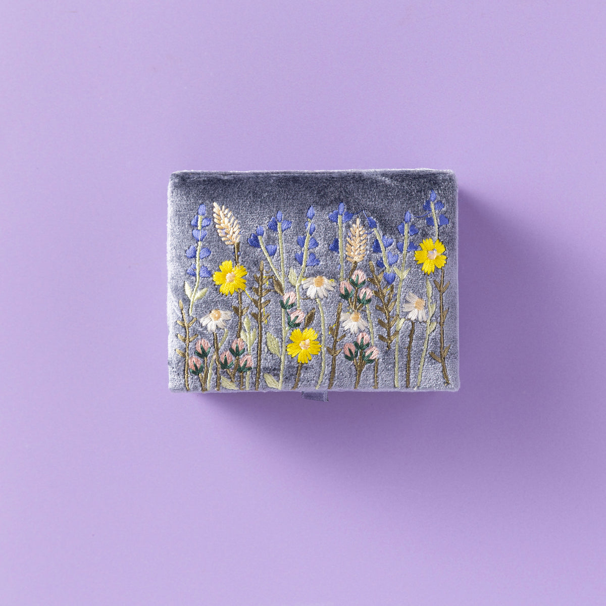 VELVET JEWELLERY BOX WITH EMBROIDERED LAVENDER MEADOW