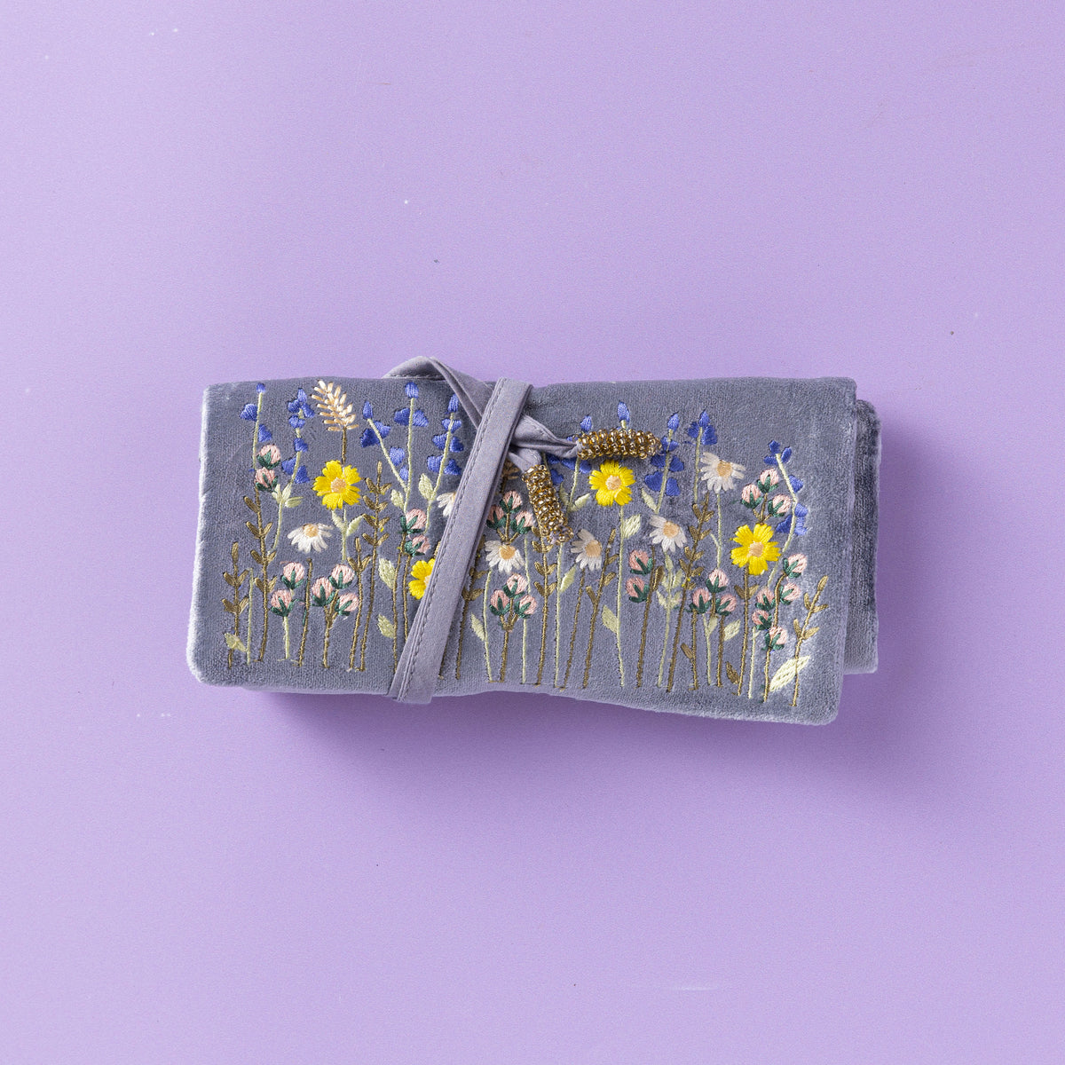 VELVET JEWELLERY ROLL WITH EMBROIDERED LAVENDER MEADOW